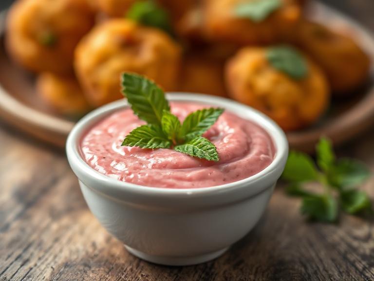 Creamy vibrant Pink Pakora Sauce Glasgow in a white bowl garnished with fresh mint, served with crispy pakoras
