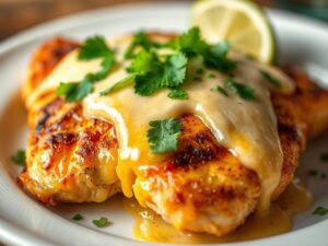 Fiesta Lime Chicken served with melted cheese, creamy sauce, and fresh lime wedges on a white plate