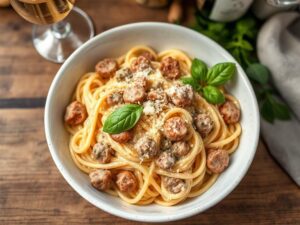 Creamy Italian Sausage Pasta with Prosecco in a rustic bowl, garnished with basil and Parmesan, with a glass of Prosecco in the background.