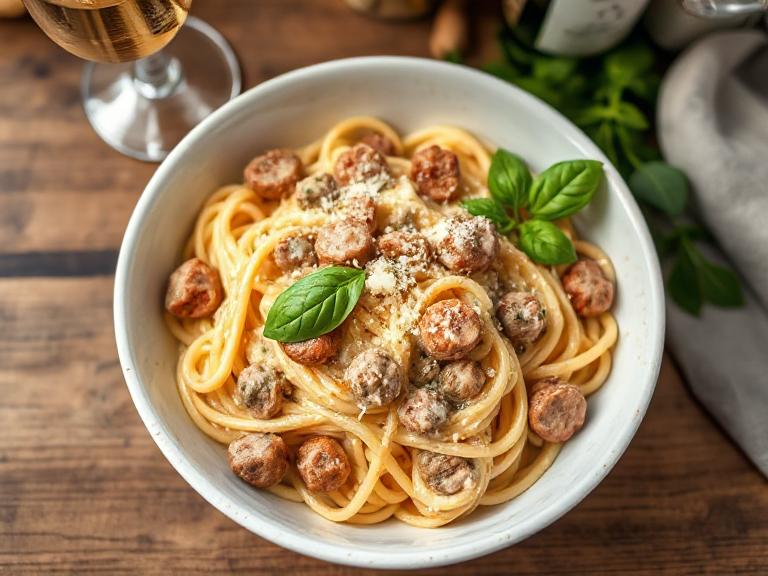 Creamy Italian Sausage Pasta with Prosecco in a rustic bowl, garnished with basil and Parmesan, with a glass of Prosecco in the background.