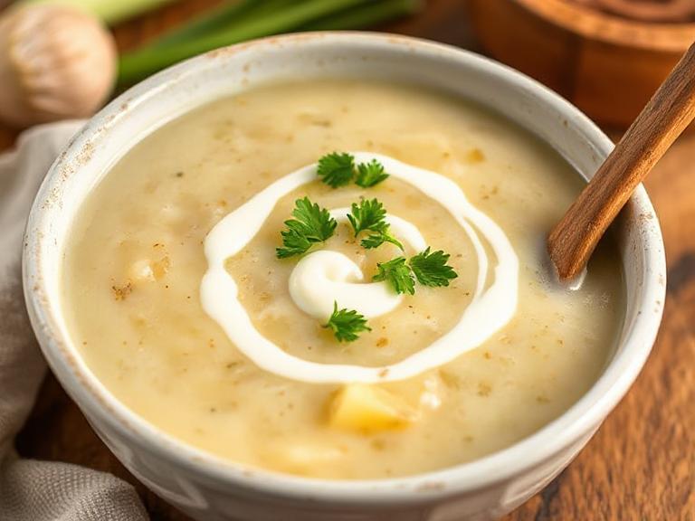 Creamy slow cooker leek and potato soup garnished with parsley and a swirl of cream in a rustic bowl, ready to serve