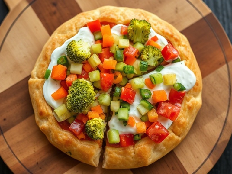 Crescent Roll Veggie Pizza Recipe topped with fresh vegetables, served as a colorful party appetizer.