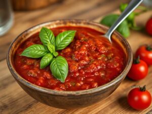 Hidden Veg Marinara Sauce with blended vegetables, garnished with fresh basil in a rustic bowl