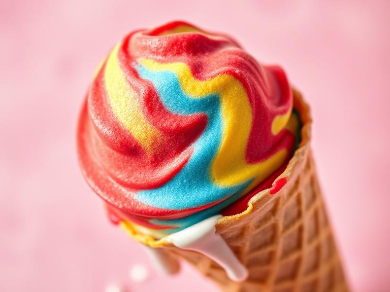 Homemade Superman Ice Cream in waffle cone with red, yellow, and blue swirls – creamy and colorful frozen dessert.