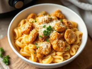 bowl of Crockpot garlic parmesan chicken pasta topped with parmesan and parsley, showcasing creamy sauce and tender chicken.