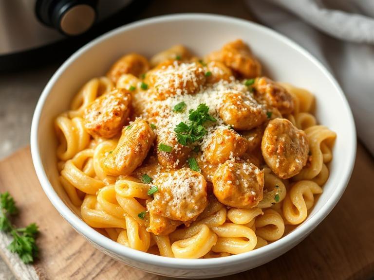 bowl of Crockpot garlic parmesan chicken pasta topped with parmesan and parsley, showcasing creamy sauce and tender chicken.