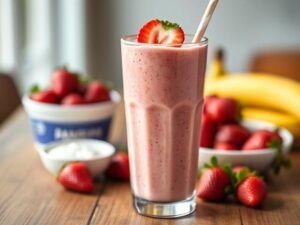 Panera Strawberry Smoothie Easy Recipe at Home served in a tall glass with fresh strawberries and banana on the table