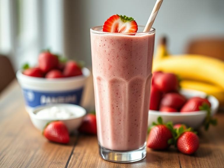Panera Strawberry Smoothie Easy Recipe at Home served in a tall glass with fresh strawberries and banana on the table