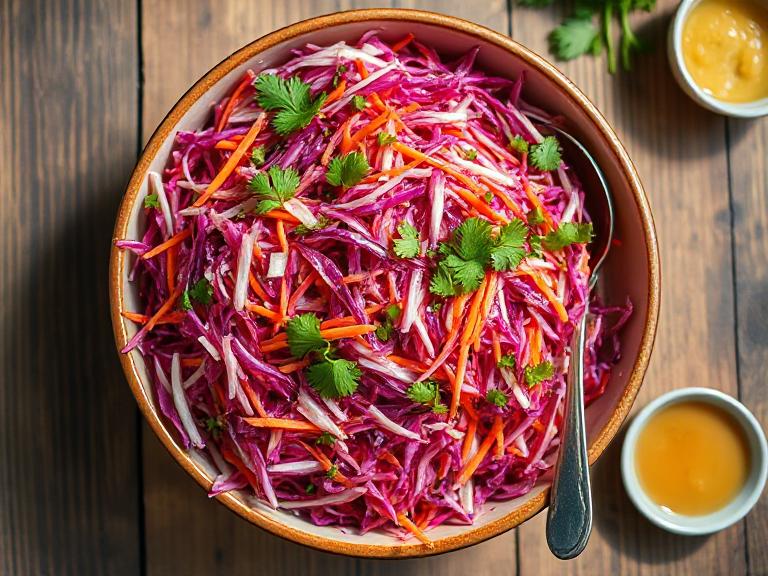Colorful red cabbage slaw in a bowl with carrots, red onion, and parsley, ready to serve, healthy no-mayo recipe.