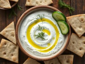 Creamy Greek Tzatziki dip garnished with fresh dill and olive oil, served with pita bread