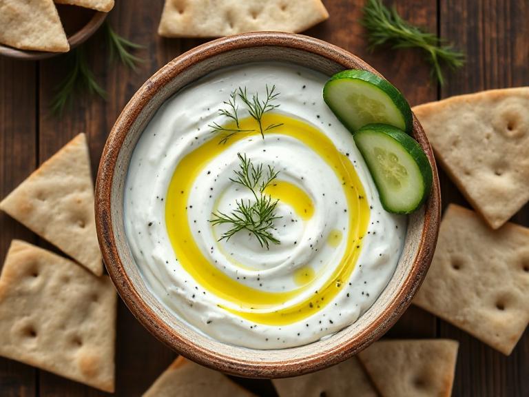 Creamy Greek Tzatziki dip garnished with fresh dill and olive oil, served with pita bread