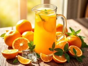 Refreshing homemade orangeade recipe served in a pitcher with fresh oranges, lemon, and mint – perfect summer drink.