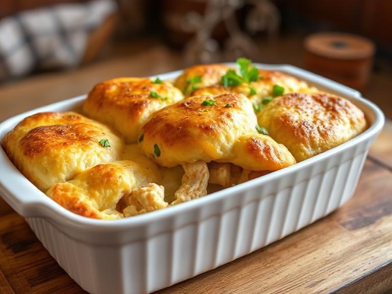 “Viral Chicken Cobbler Recipe – TikTok Cheesy Sensation with golden biscuit topping and creamy chicken filling”
