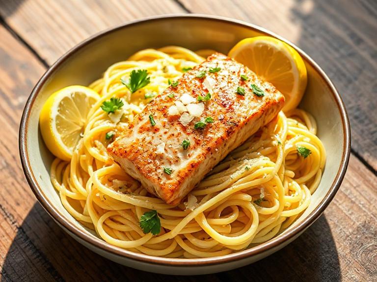 Creamy Lemon Cajun Salmon Pasta with seared salmon chunks, garnished with parsley and lemon slices on a rustic wooden table