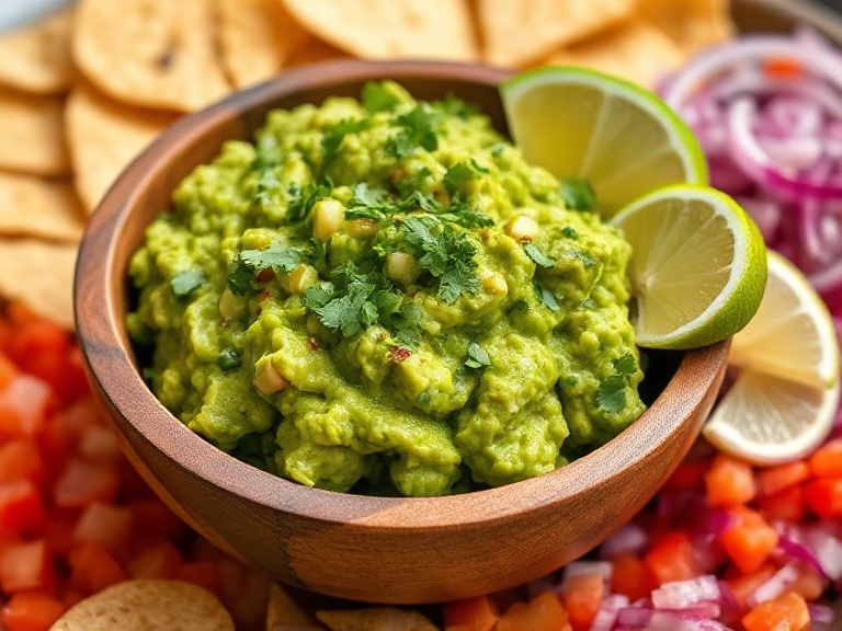 Fresh chunky guacamole without garlic in a wooden bowl garnished with cilantro and lime, served with tortilla chips