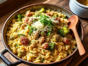 Creamy One Pan Italian Sausage & Broccoli Orzo in a skillet, garnished with Parmesan and parsley