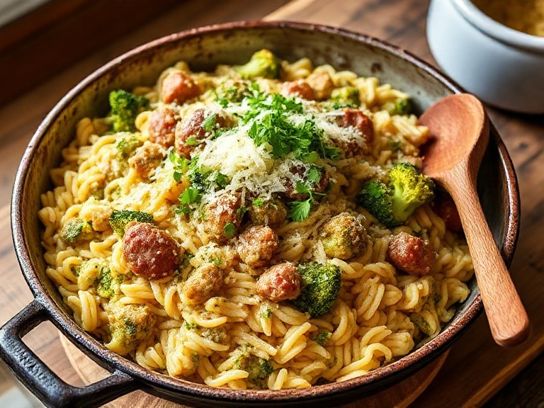 Creamy One Pan Italian Sausage & Broccoli Orzo in a skillet, garnished with Parmesan and parsley