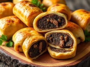 Golden flaky Stornoway Black Pudding Sausage Rolls cut open to reveal rich black pudding and sausage filling on a rustic wooden board