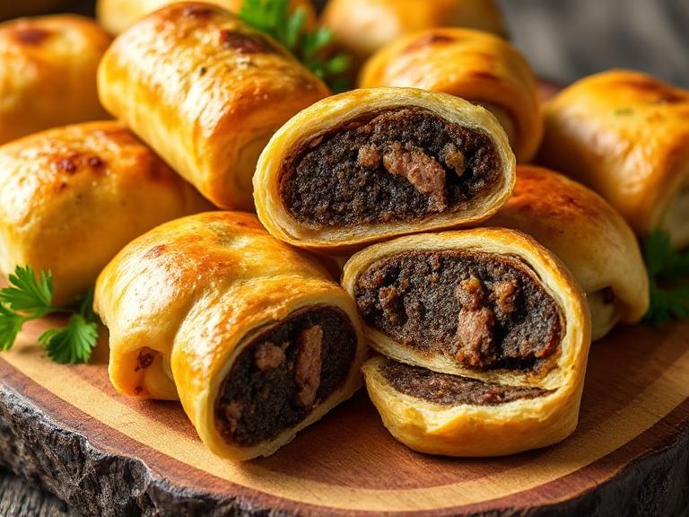 Golden flaky Stornoway Black Pudding Sausage Rolls cut open to reveal rich black pudding and sausage filling on a rustic wooden board