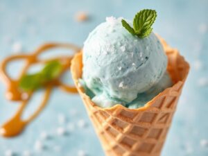 Homemade sea salt ice cream in a waffle cone with flaky sea salt and caramel drizzle.