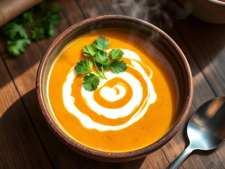 A steaming bowl of Thai Carrot and Coconut Soup garnished with cilantro and coconut milk swirl, served on a wooden table with a spoon.