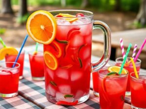 Refreshing Bug Juice Camp Drink Recipe served in a pitcher with fruits and gummy worms, perfect for parties and summer camps.