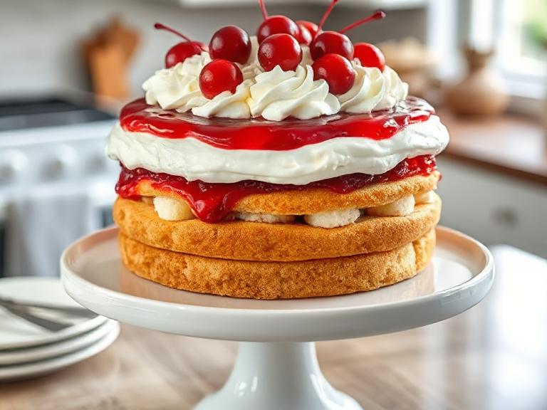 Heaven on Earth Cake topped with cherry pie filling and whipped cream, layered with fluffy angel food cake and pudding