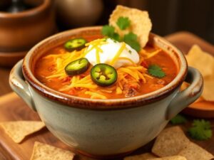 Homemade Paula Deen Taco Soup Recipe Easy Steps served hot with cheese, sour cream, tortilla chips, and jalapeños.