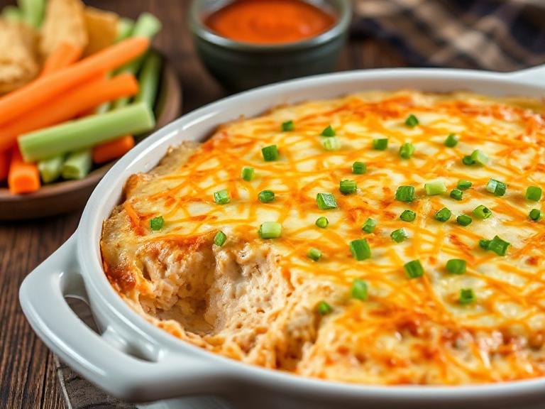 Creamy Buffalo Chicken Dip in a baking dish topped with melted cheese and green onions, served with chips and veggies.