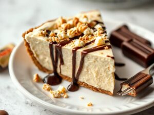 A slice of Butterfinger Pie topped with crushed Butterfinger candy and chocolate drizzle on a white plate.