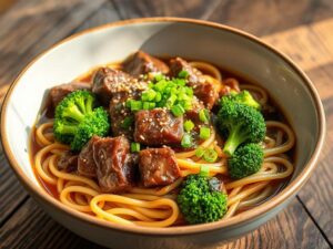 One Pan Beef and Broccoli Noodles Easy 20 Min Recipe served in a bowl with sesame seeds and green onions.