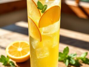 Chilled glass of apple lemonade garnished with apple slices, lemon wedges, and mint on a rustic table
