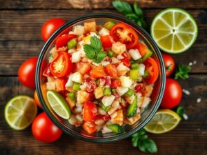 Fresh Bahamian conch salad with lime, peppers, and onions in a glass bowl on a wooden table.
