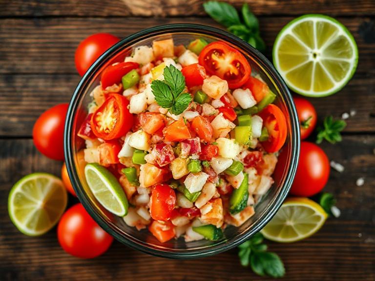 Fresh Bahamian conch salad with lime, peppers, and onions in a glass bowl on a wooden table.