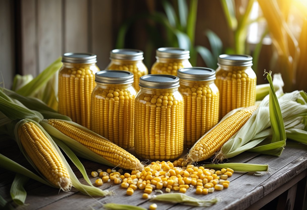 Homemade canned corn jars with fresh corn cobs on a rustic kitchen table.