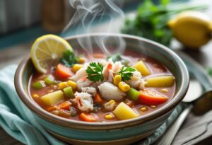 Bowl of homemade Maryland Crab Soup with crab meat, vegetables, and tomato broth, served warm with lemon wedge.