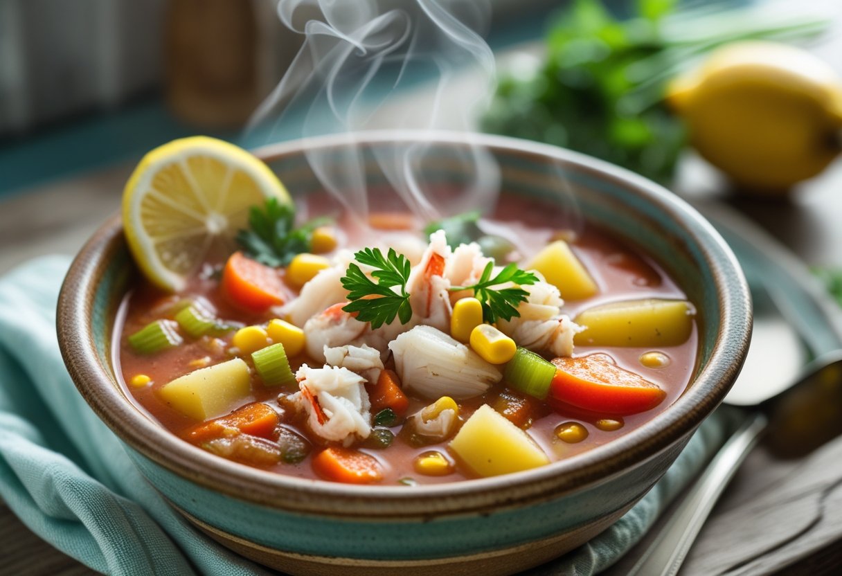 Bowl of homemade Maryland Crab Soup with crab meat, vegetables, and tomato broth, served warm with lemon wedge.