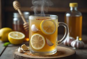 Homemade flu bomb drink in a clear mug with lemon, garlic, honey, and ginger — a natural remedy to boost immunity fast.”