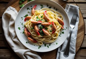 Overhead view of creamy crawfish fettuccine pasta topped with parsley and Parmesan on a white plate.