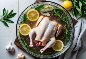 Whole chicken in brine with herbs, garlic, and lemon slices for a restaurant style chicken brine recipe