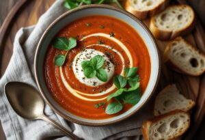A creamy bowl of Roasted Za’atar Red Pepper Soup topped with cream swirl, za’atar, and herbs, served with crusty bread.