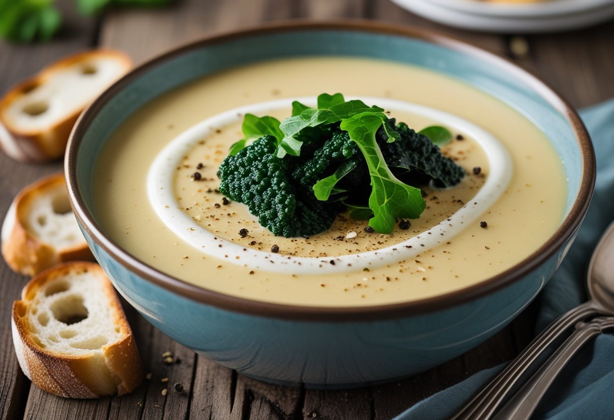 Creamy cauliflower cheese soup with Cavolo Nero in a rustic bowl, garnished with cream and pepper, served with crusty bread.