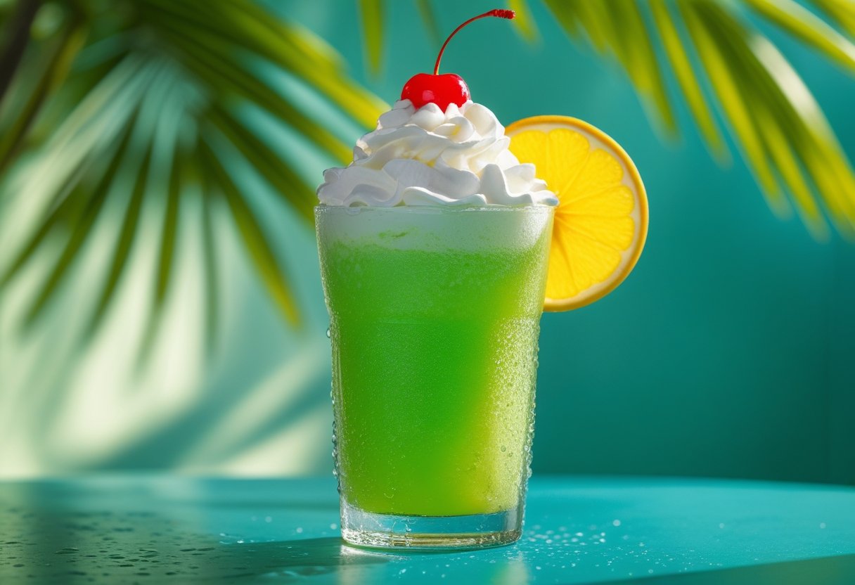 Bright green Scooby Snack drink in a hurricane glass with whipped cream and cherry, giving refreshing island vibes