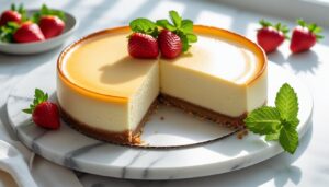Classic PHILADELPHIA cheesecake with a smooth creamy texture and golden crust on a marble surface, garnished with fresh strawberries.