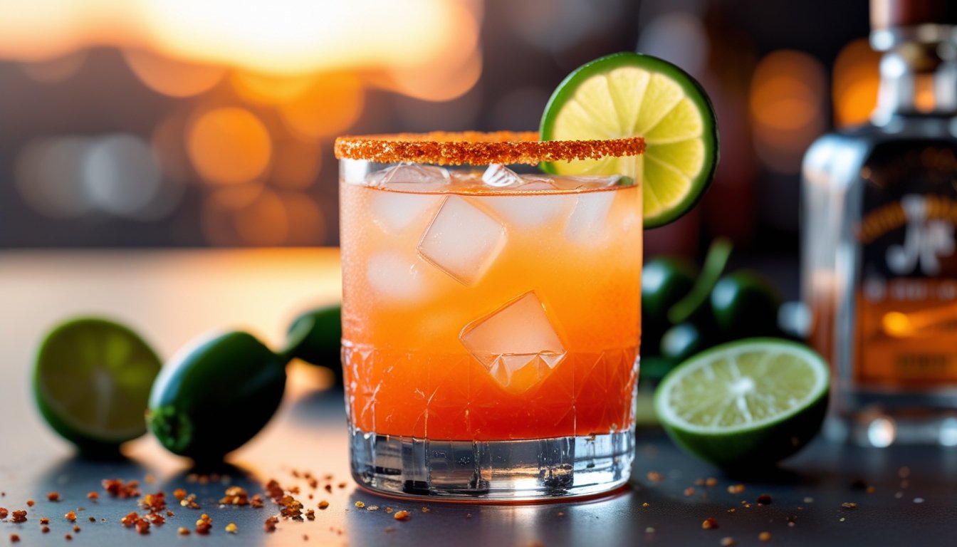 spicy margarita cocktail with chili-salt rim, lime garnish, and jalapeño slice, representing the recipe’s bold and fiery flavor.