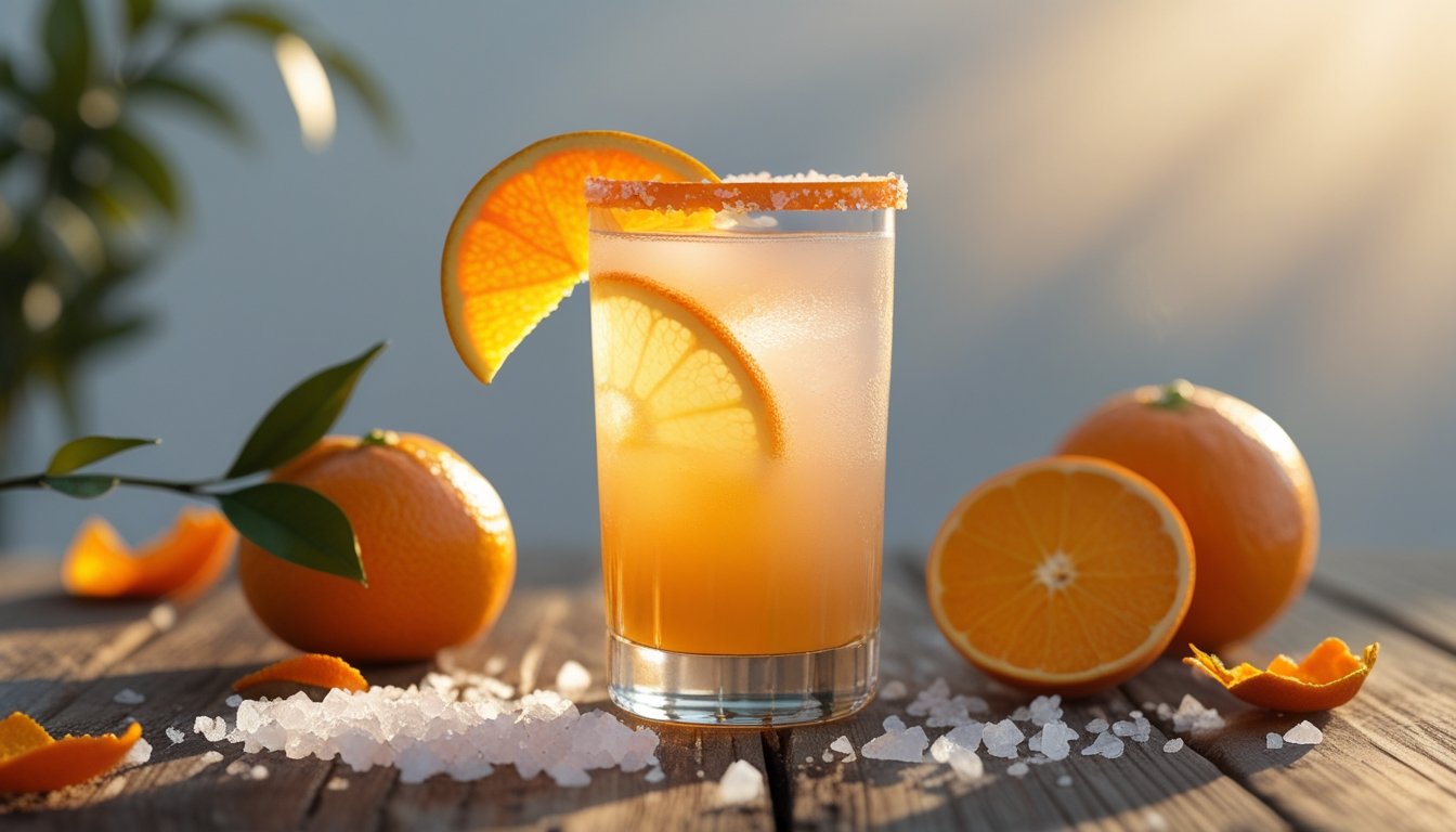 Glass of homemade cortisol cocktail with orange juice, sea salt, and cream of tartar, perfect for natural energy and stress relief