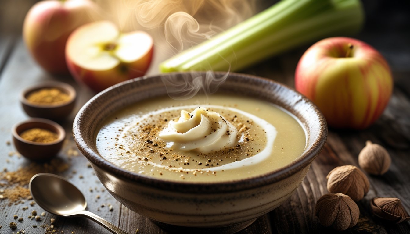 “Creamy celeriac and apple soup with nutmeg served in a rustic bowl for cozy fall comfort