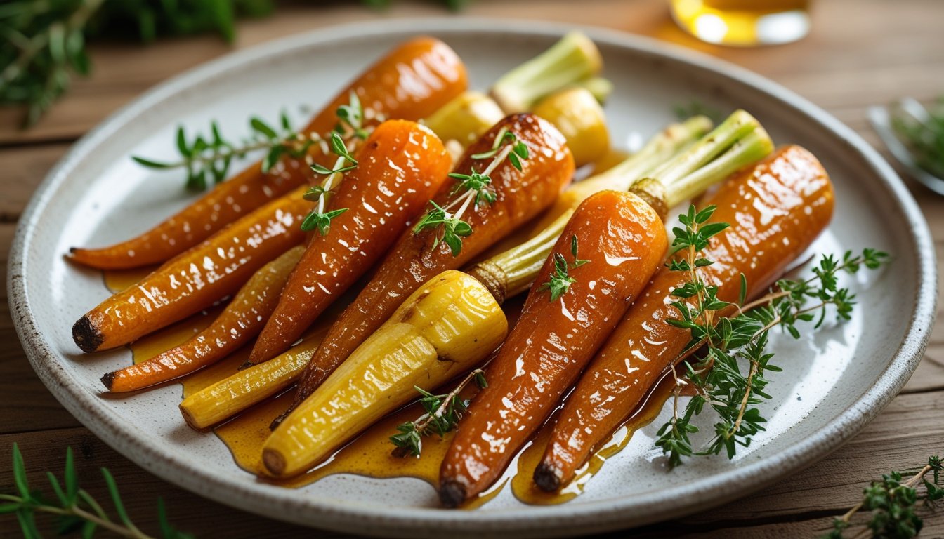 Golden honey roast carrots and parsnips on a rustic plate, garnished with fresh thyme and rosemary, ready to serve.