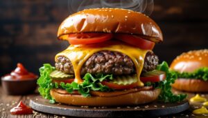 Juicy homemade hamburger with melted cheese, lettuce, tomato, and toasted bun on a rustic wooden table.