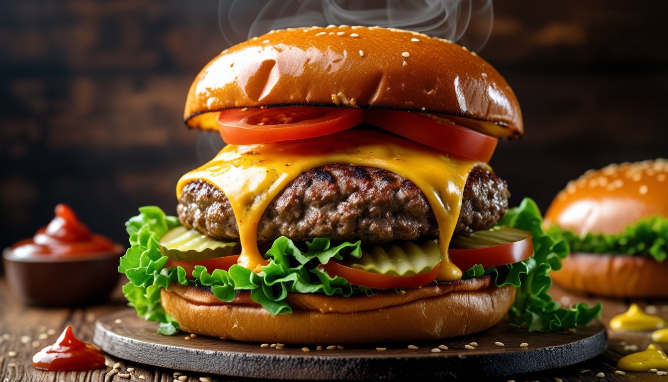 Juicy homemade hamburger with melted cheese, lettuce, tomato, and toasted bun on a rustic wooden table.